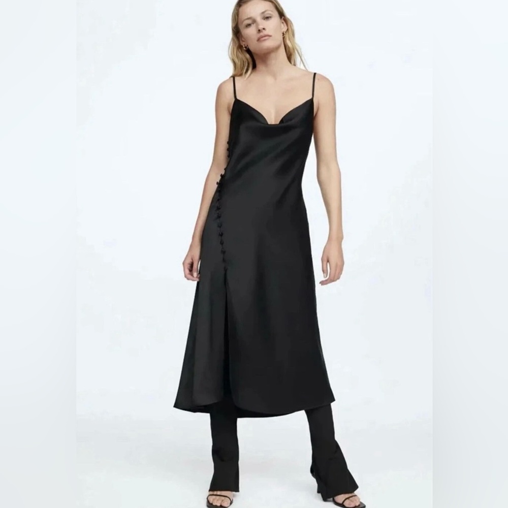 Zara Black Satin Slip Dress with Leg Slit & Button Details Size Small